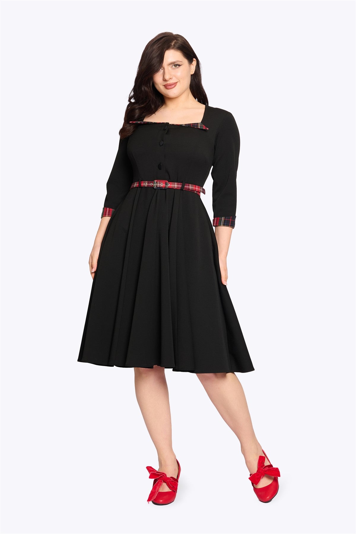 Collectif Women's Classic Vintage Inspired Check Trim Swing Dress, Black, UK 18 Collectif Women's Classic Vintage Inspired Check Trim Swing Dress, Black, UK 18
