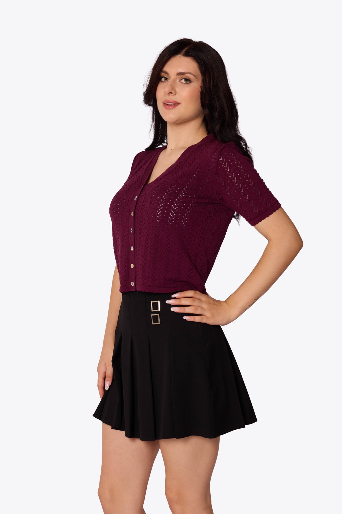 Iris Chevron Pointelle Maroon Cardigan