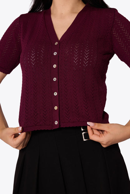 Iris Chevron Pointelle Maroon Cardigan