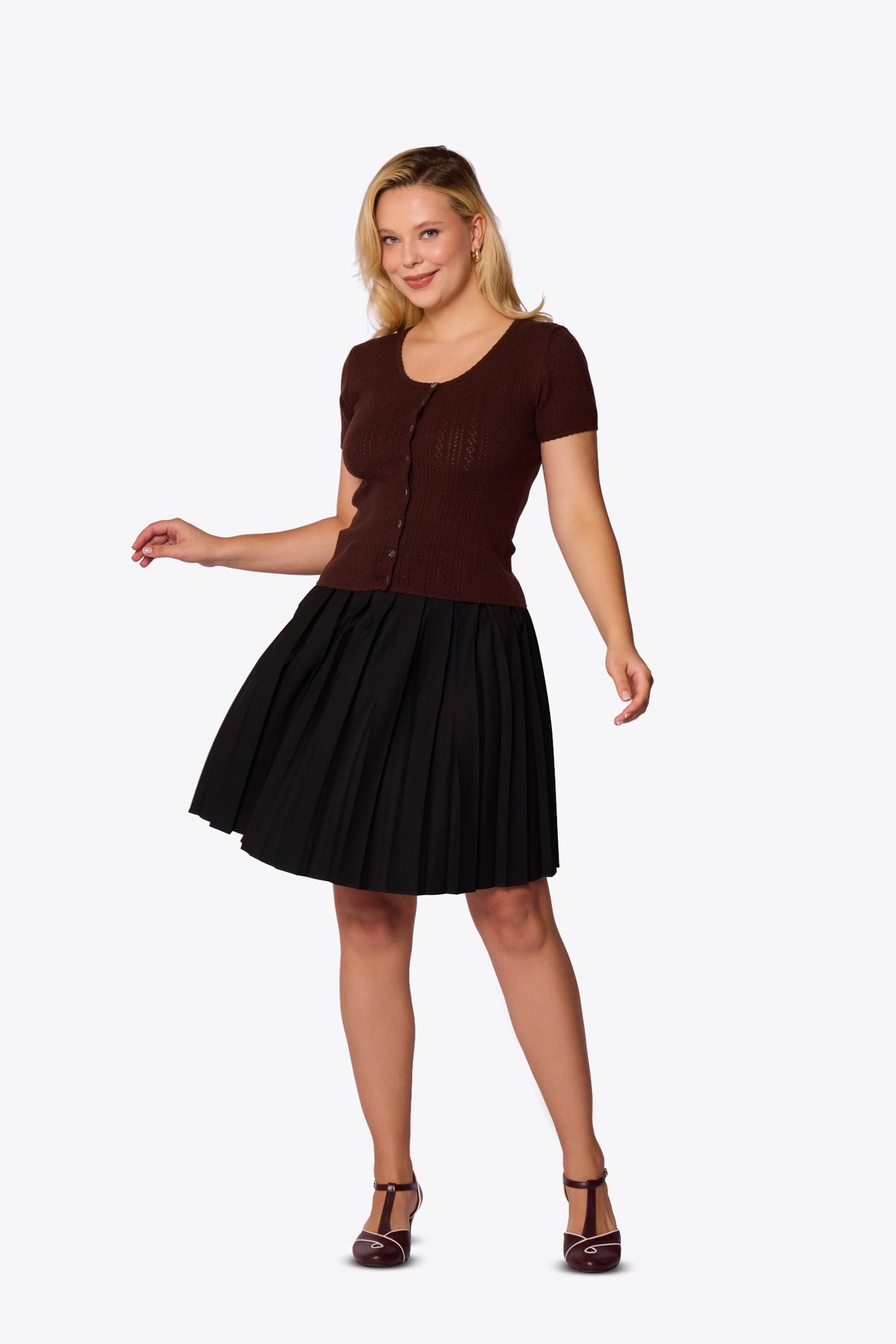Bernice Pointelle Short Sleeve Chocolate Cardigan
