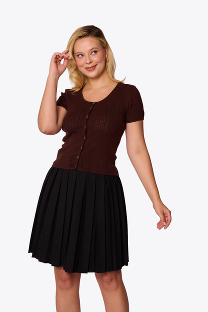 Bernice Pointelle Short Sleeve Chocolate Cardigan