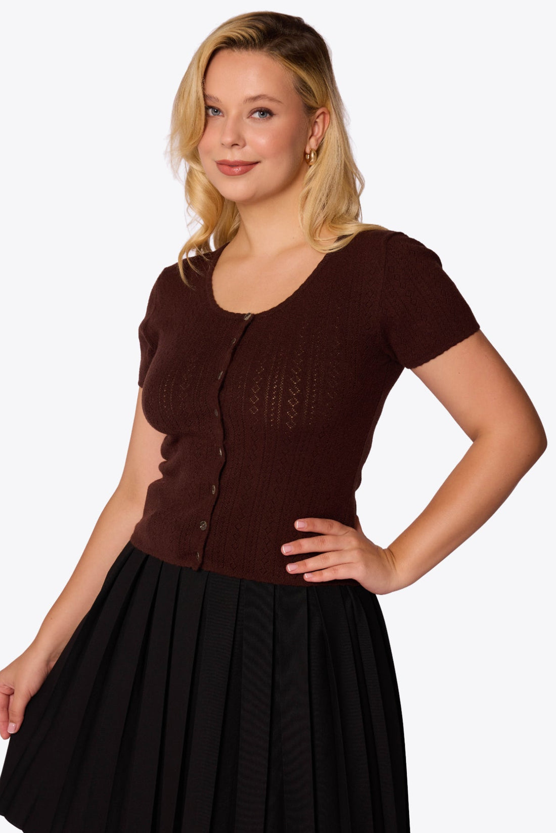 Bernice Pointelle Short Sleeve Chocolate Cardigan