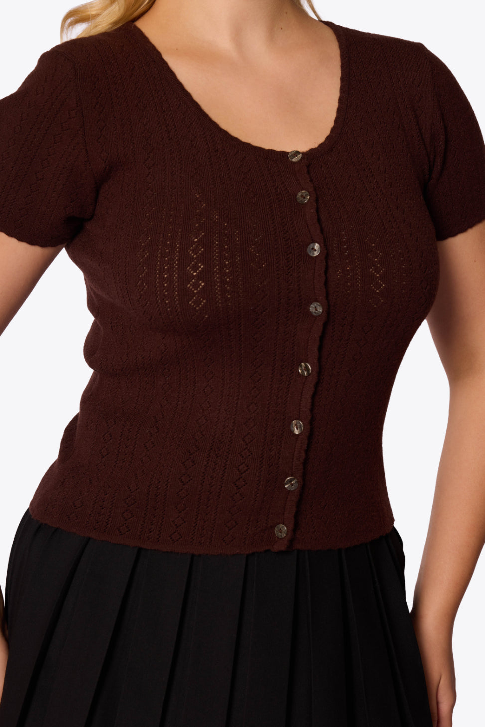 Bernice Pointelle Short Sleeve Chocolate Cardigan