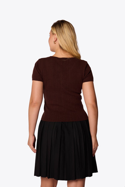 Bernice Pointelle Short Sleeve Chocolate Cardigan