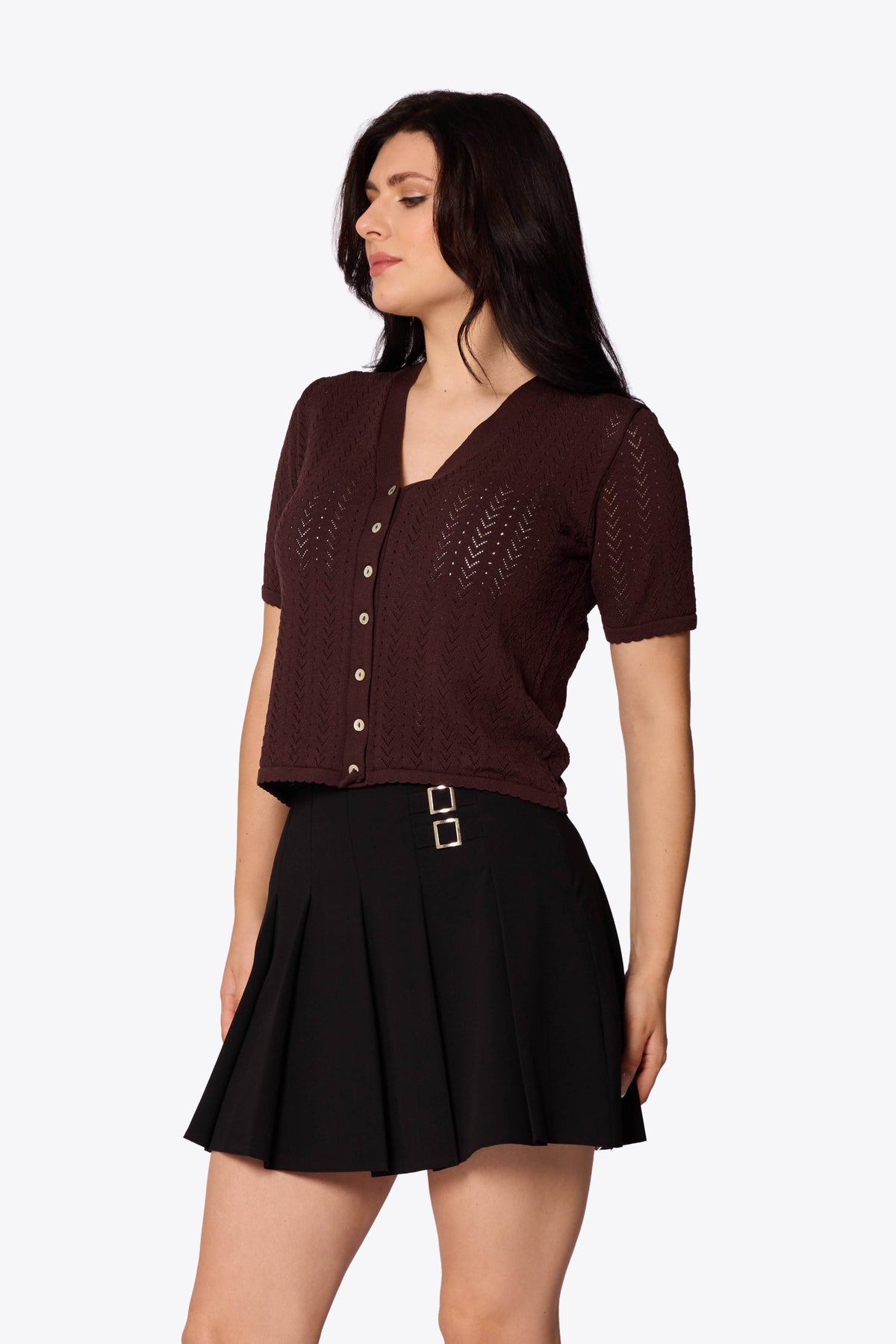 Iris Chevron Pointelle Chocolate Cardigan