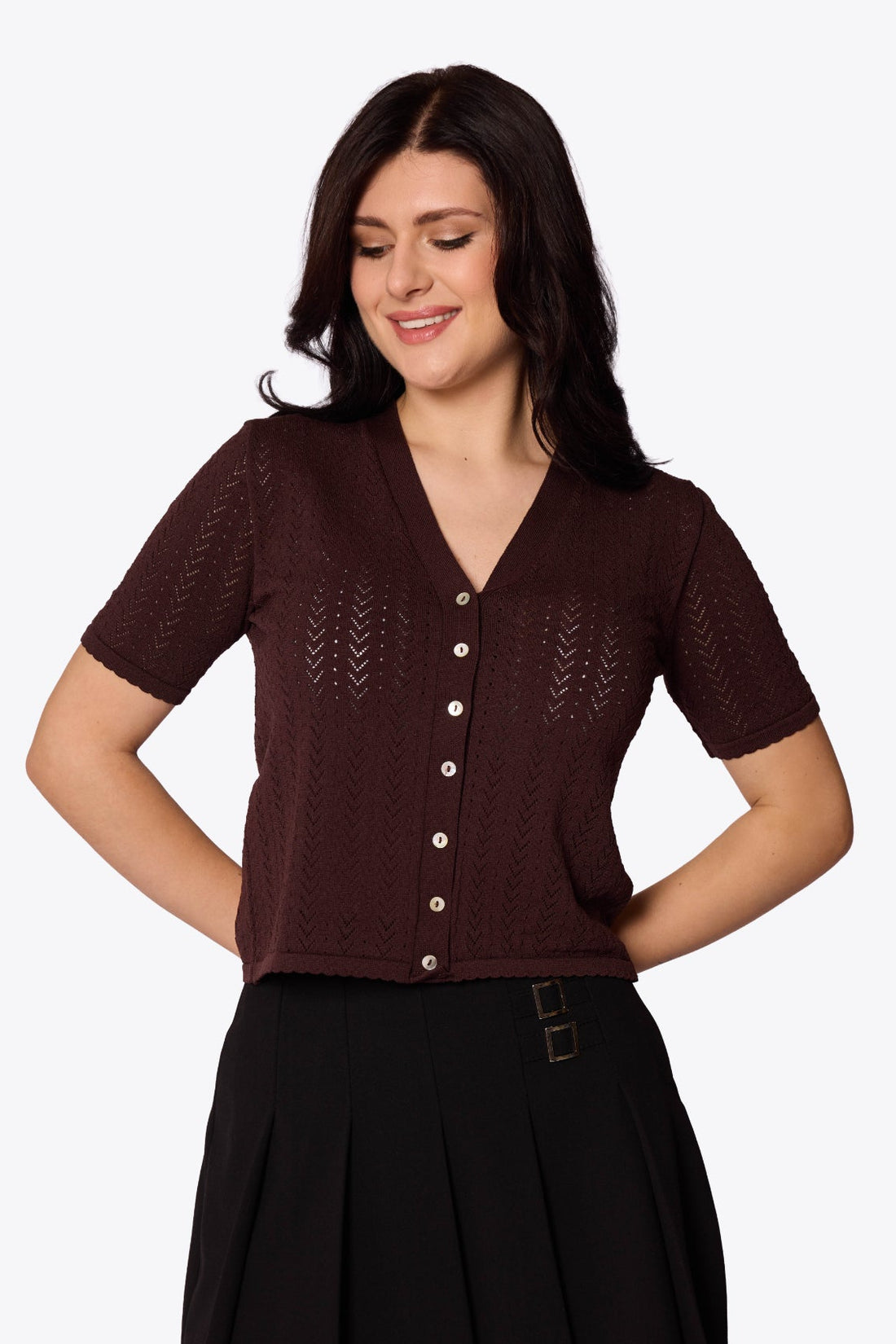 Iris Chevron Pointelle Chocolate Cardigan