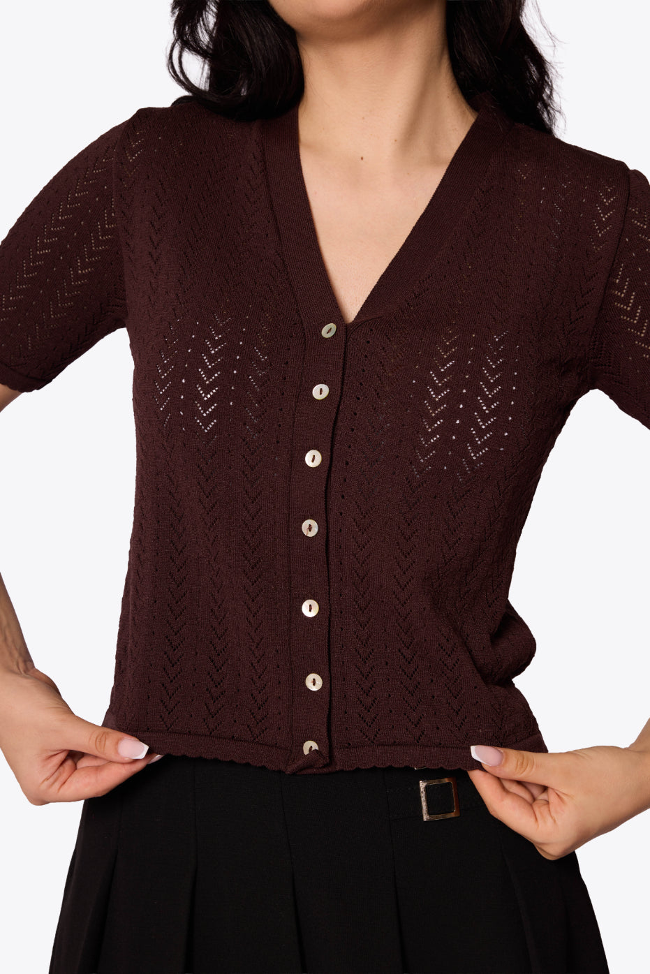 Iris Chevron Pointelle Chocolate Cardigan
