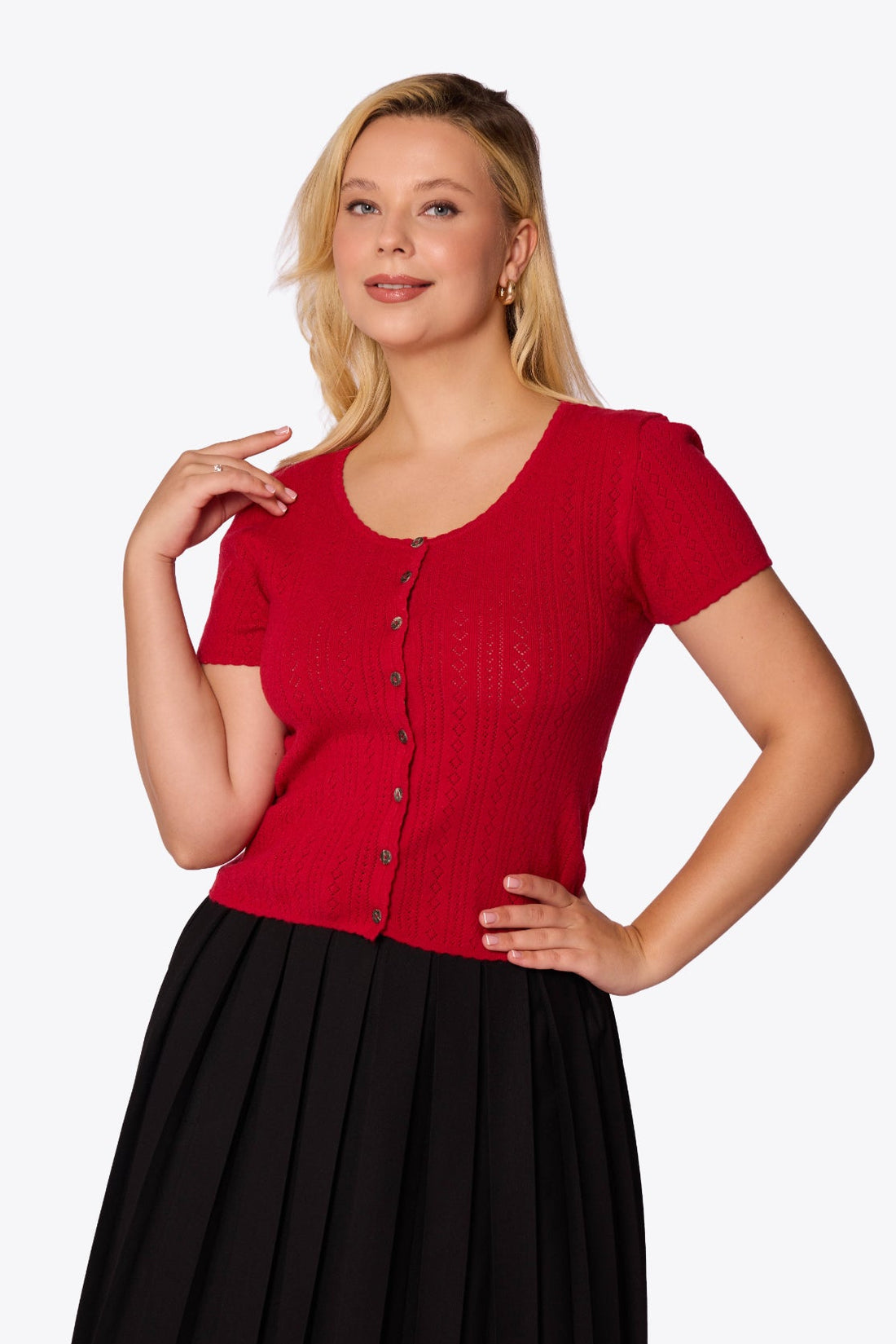 Bernice Pointelle Short Sleeve Red Cardigan