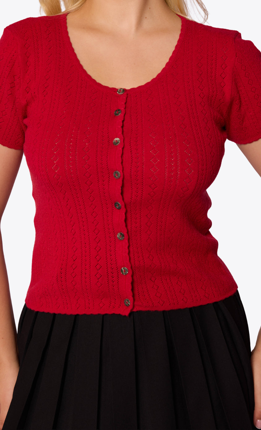 Bernice Pointelle Short Sleeve Red Cardigan