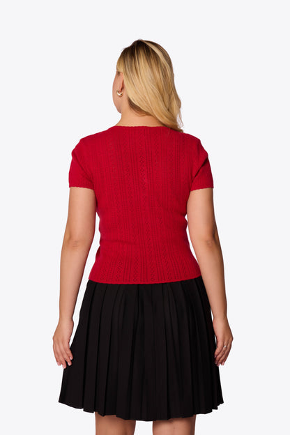 Bernice Pointelle Short Sleeve Red Cardigan