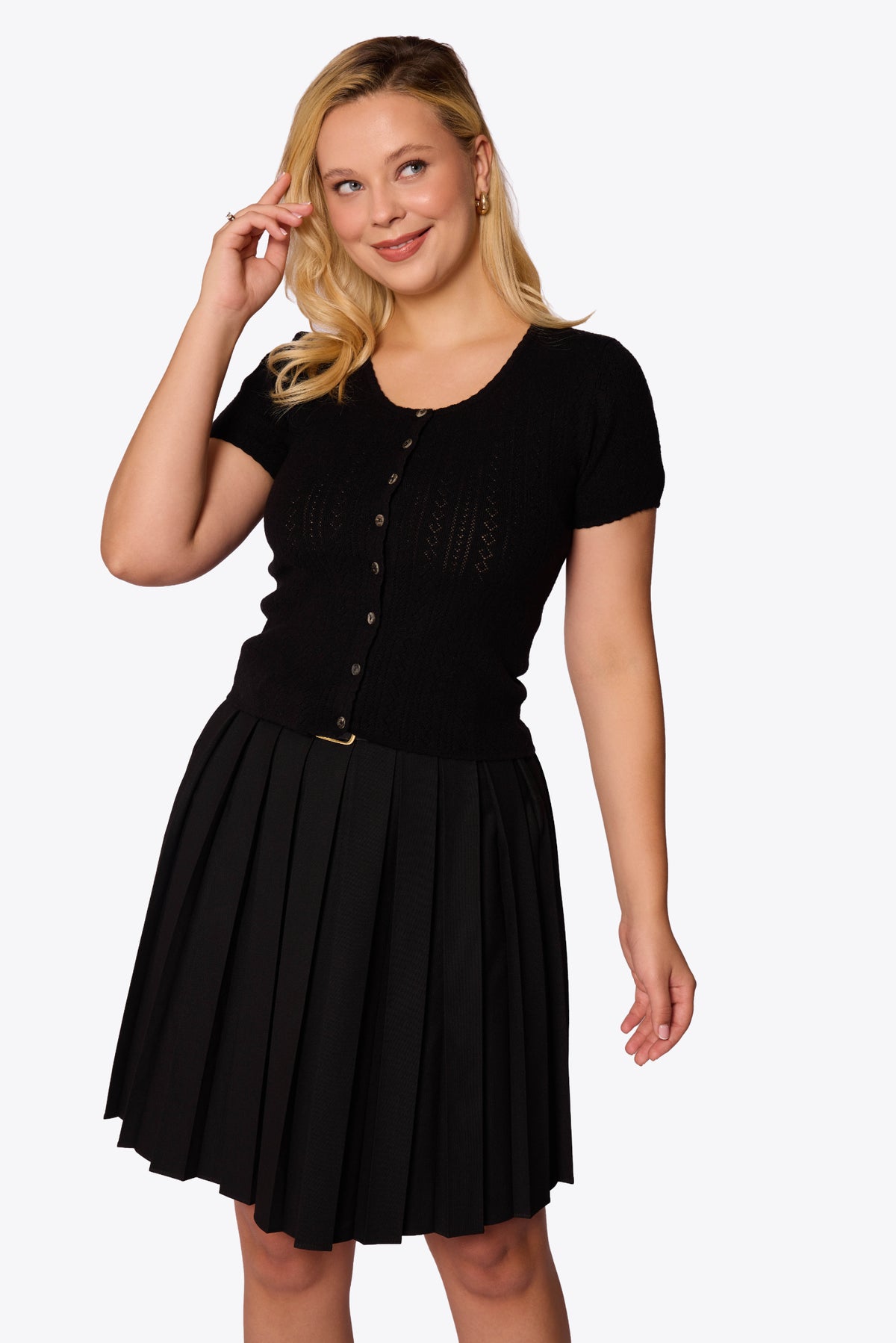 Bernice Pointelle Short Sleeve Black Cardigan