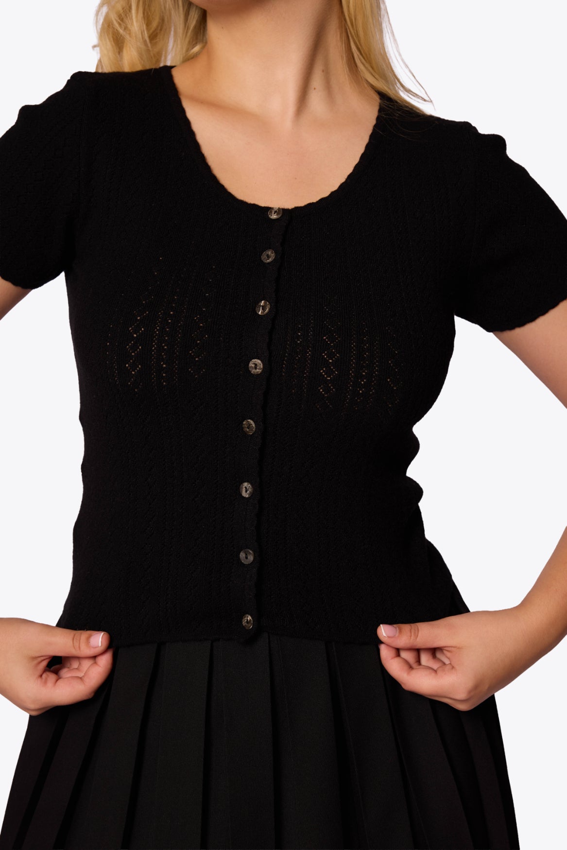 Bernice Pointelle Short Sleeve Black Cardigan