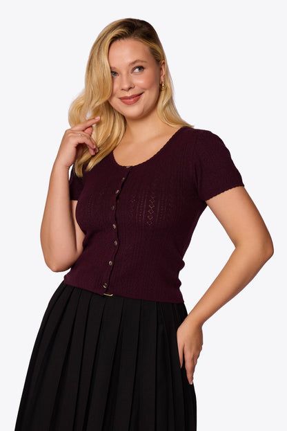 Bernice Pointelle Short Sleeve Maroon Cardigan
