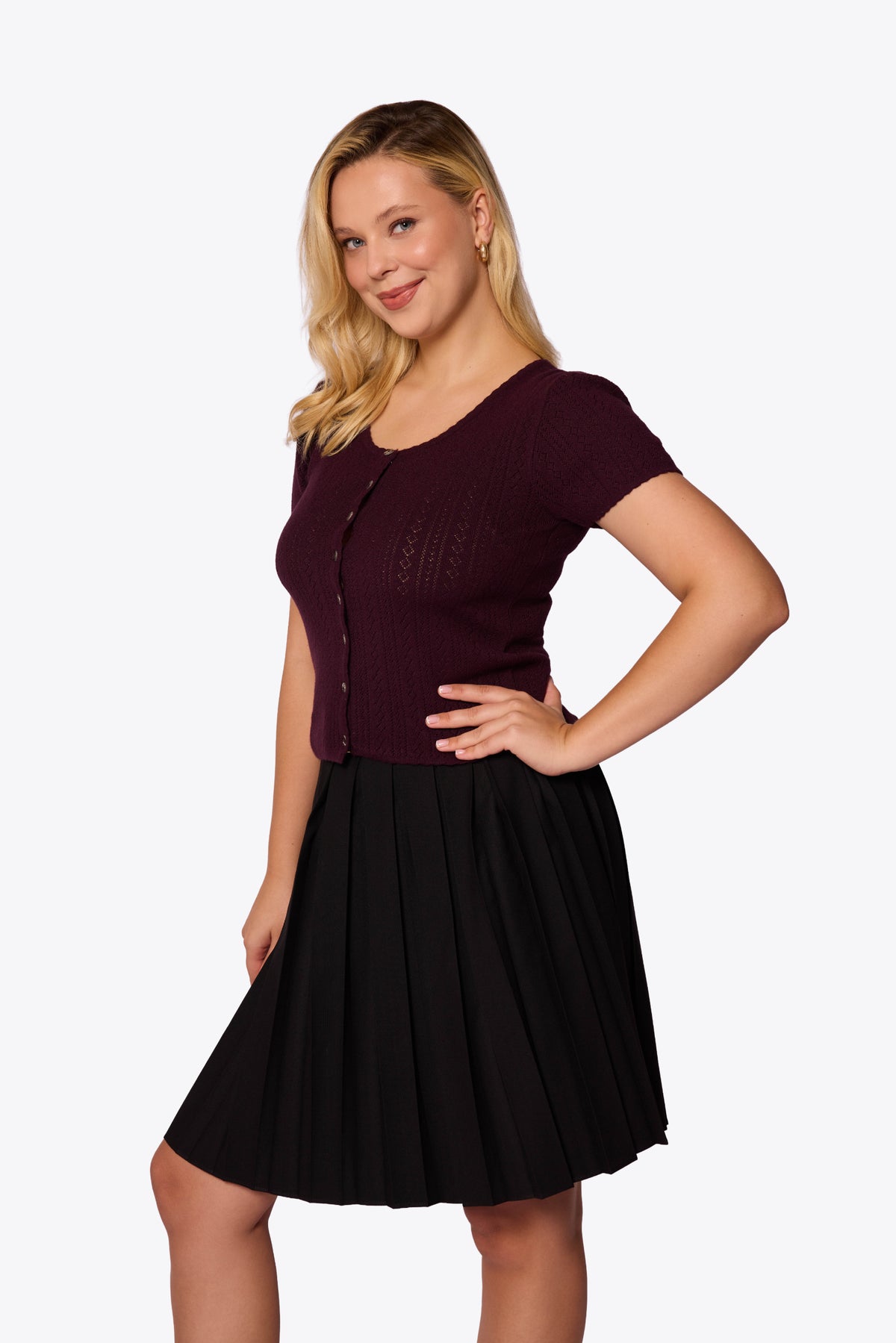 Bernice Pointelle Short Sleeve Maroon Cardigan