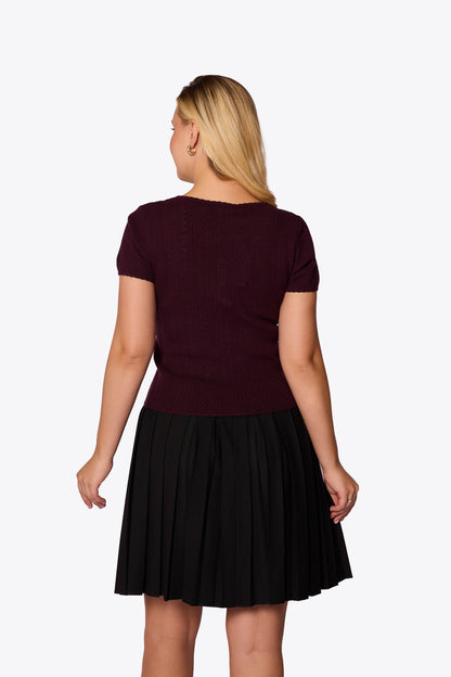 Bernice Pointelle Short Sleeve Maroon Cardigan