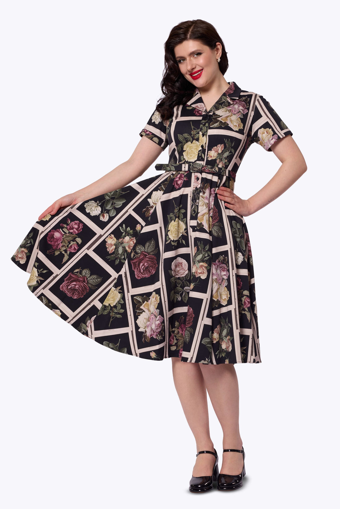 Caterina Framed Roses Black Swing Dress
