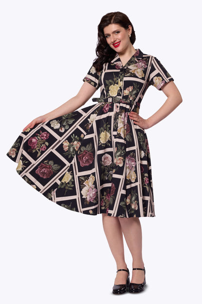 Caterina Framed Roses Black Swing Dress