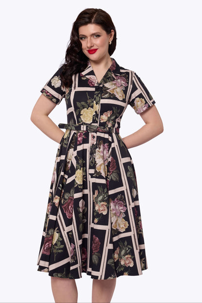 Caterina Framed Roses Black Swing Dress