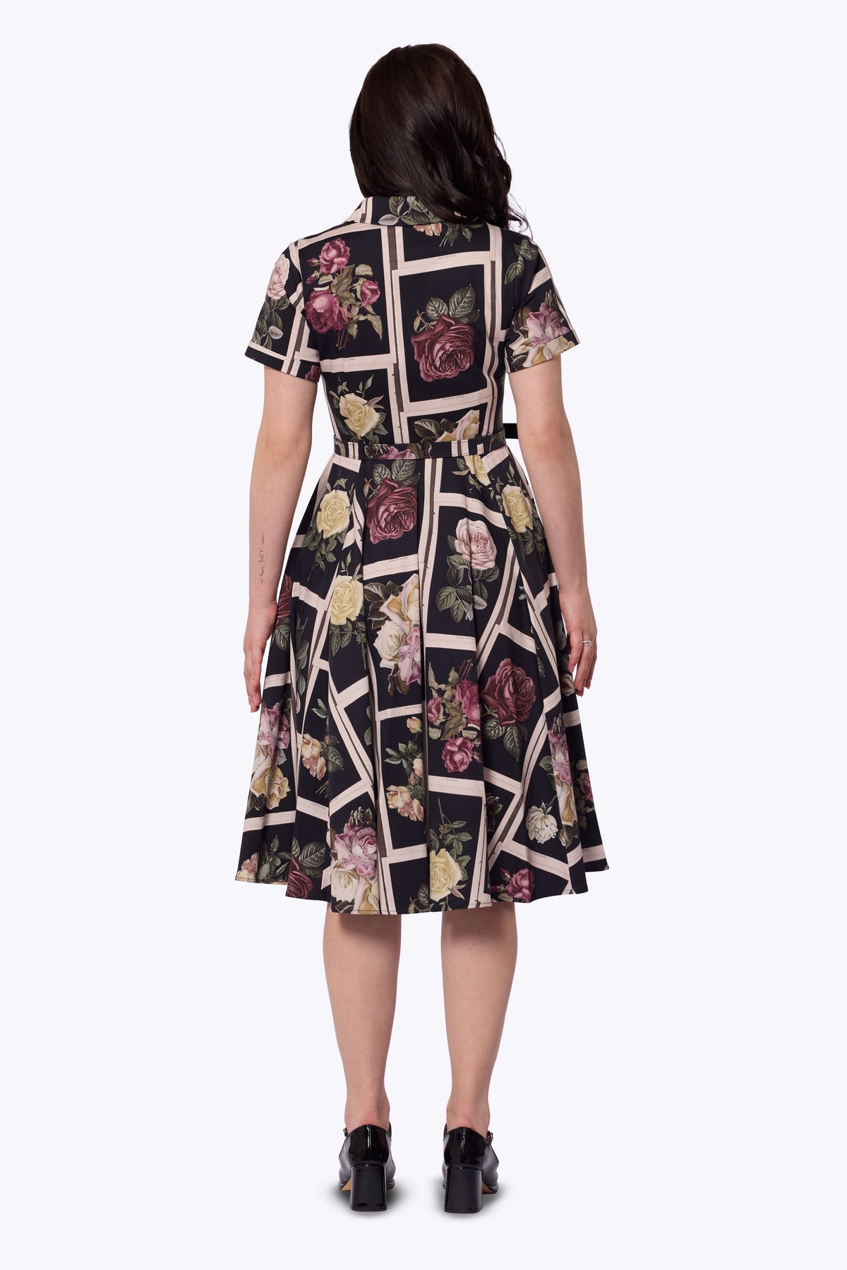 Caterina Framed Roses Black Swing Dress
