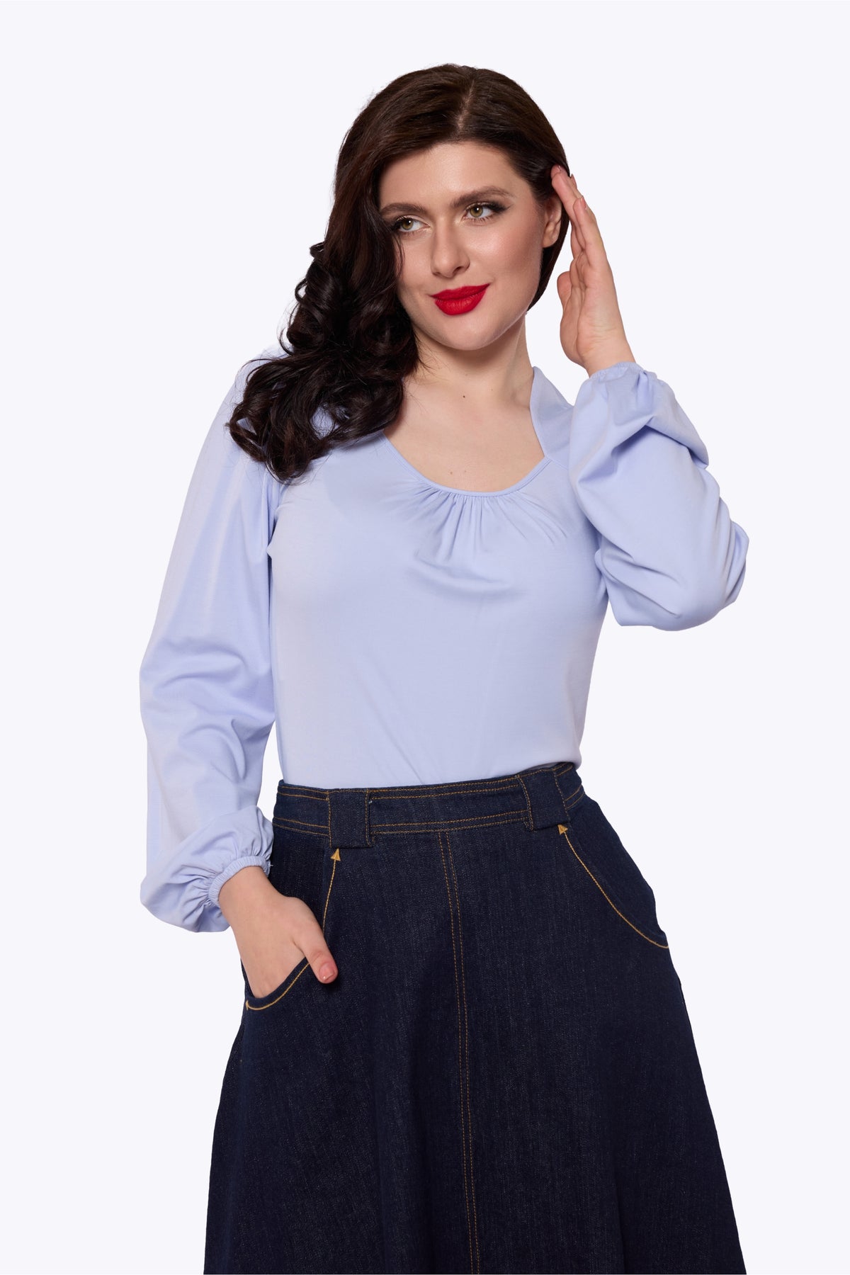 Leslie Blue Balloon Sleeve Jersey Top